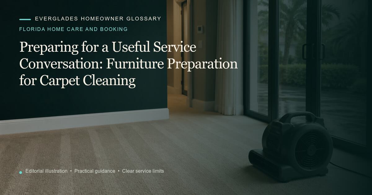 Editorial illustration for Furniture Preparation for Carpet Cleaning, part of the florida home care and booking glossary.