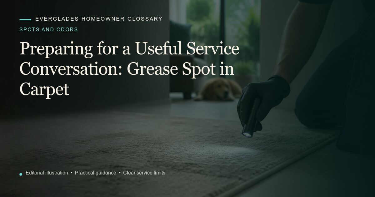 Editorial illustration for Grease Spot in Carpet, part of the spots and odors glossary.