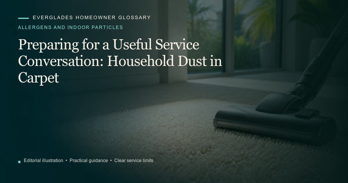 Editorial illustration for Household Dust in Carpet, part of the allergens and indoor particles glossary.