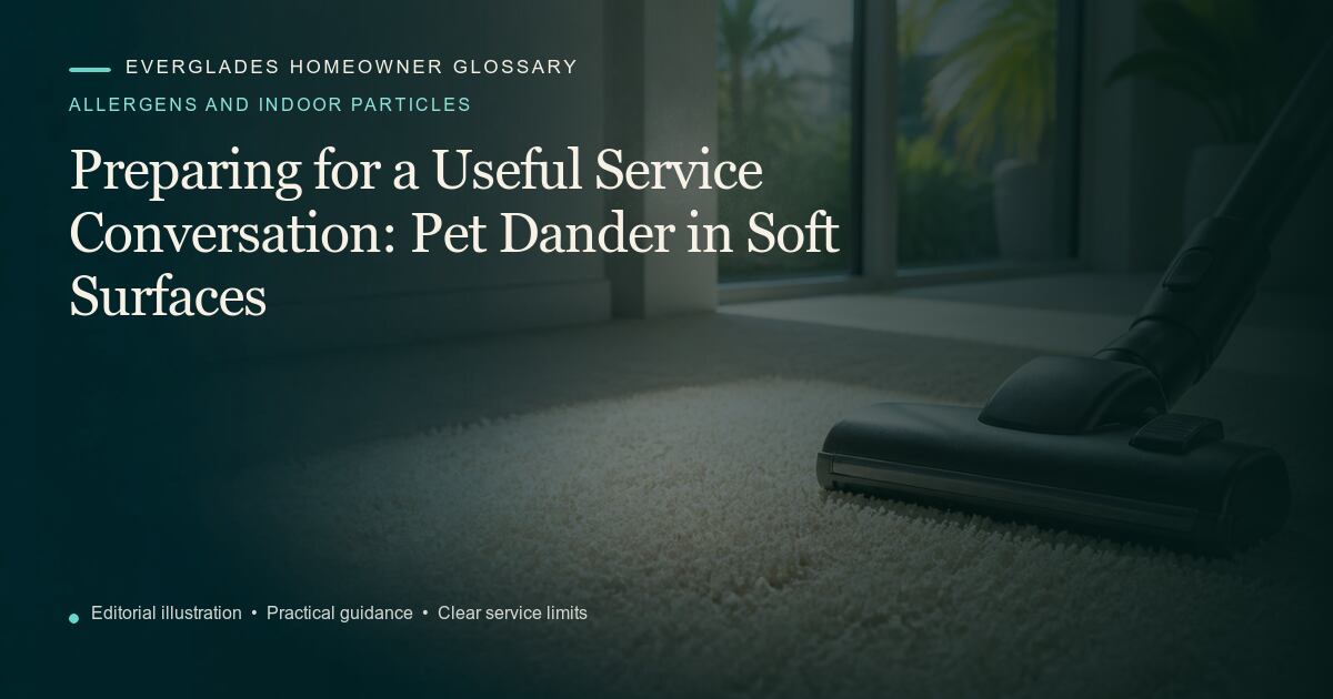 Editorial illustration for Pet Dander in Soft Surfaces, part of the allergens and indoor particles glossary.