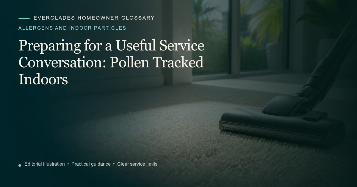Editorial illustration for Pollen Tracked Indoors, part of the allergens and indoor particles glossary.