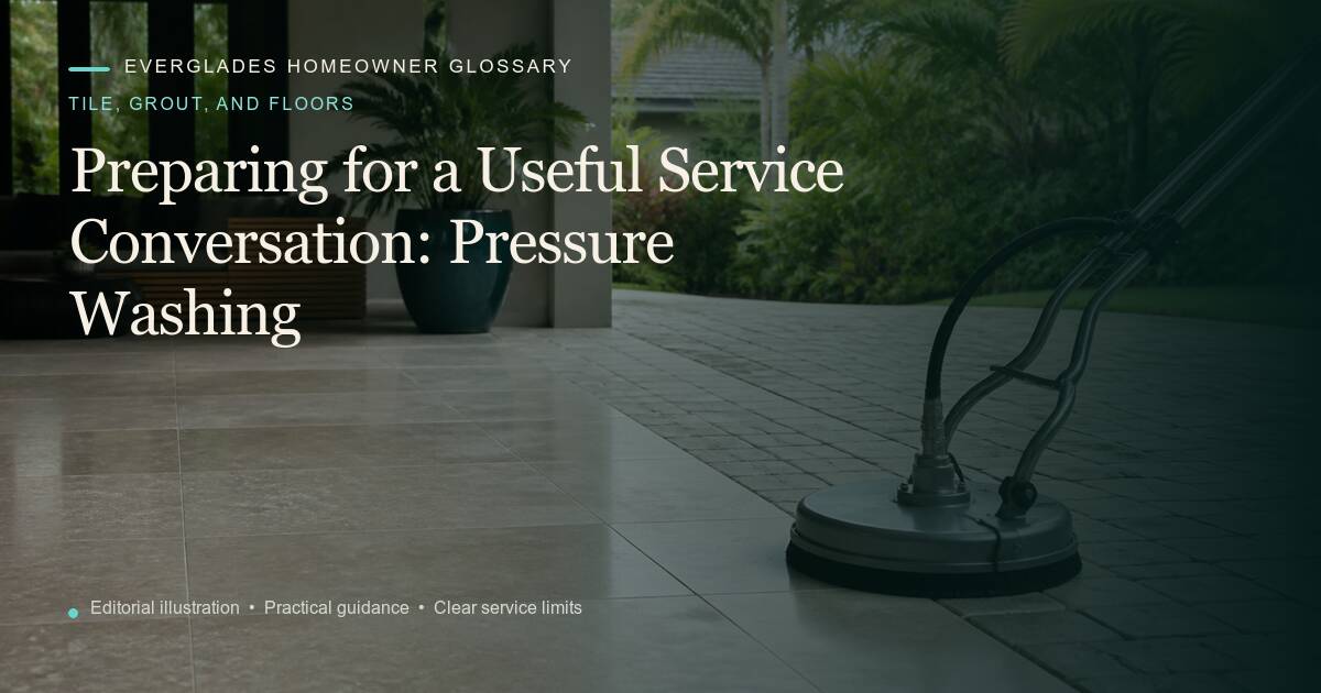 Editorial illustration for Pressure Washing, part of the tile, grout, and floors glossary.