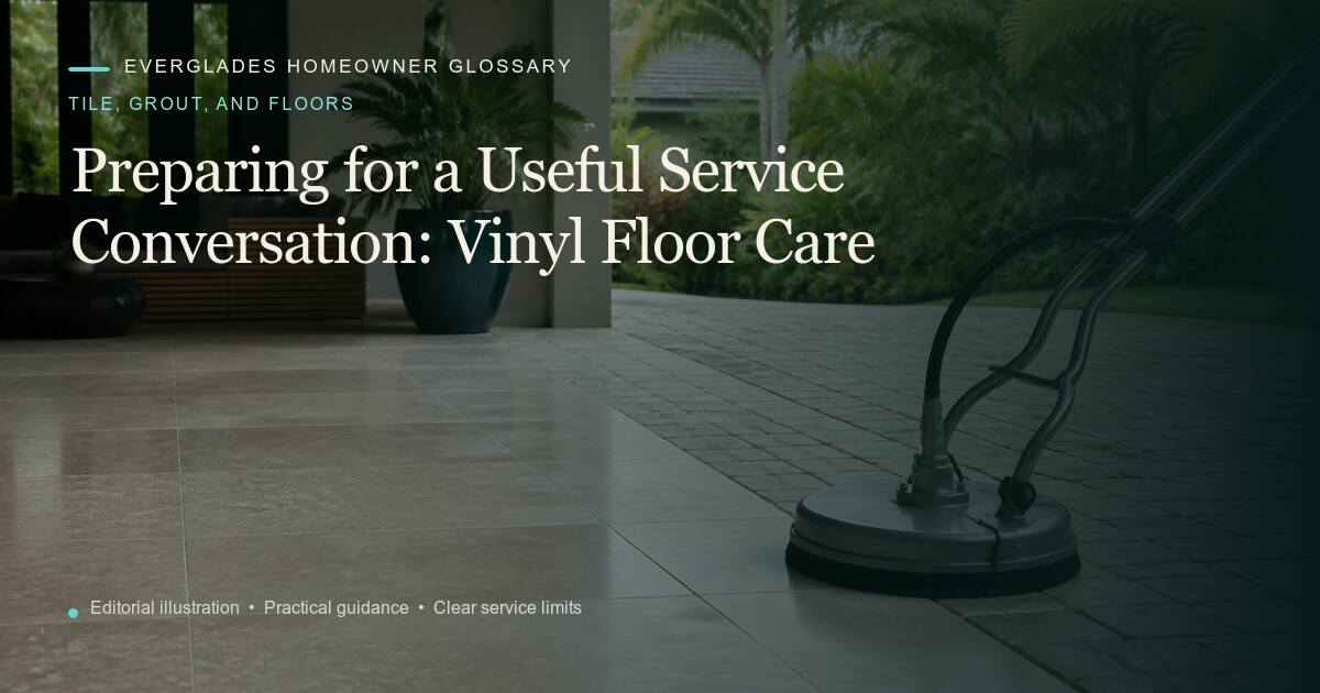 Editorial illustration for Vinyl Floor Care, part of the tile, grout, and floors glossary.