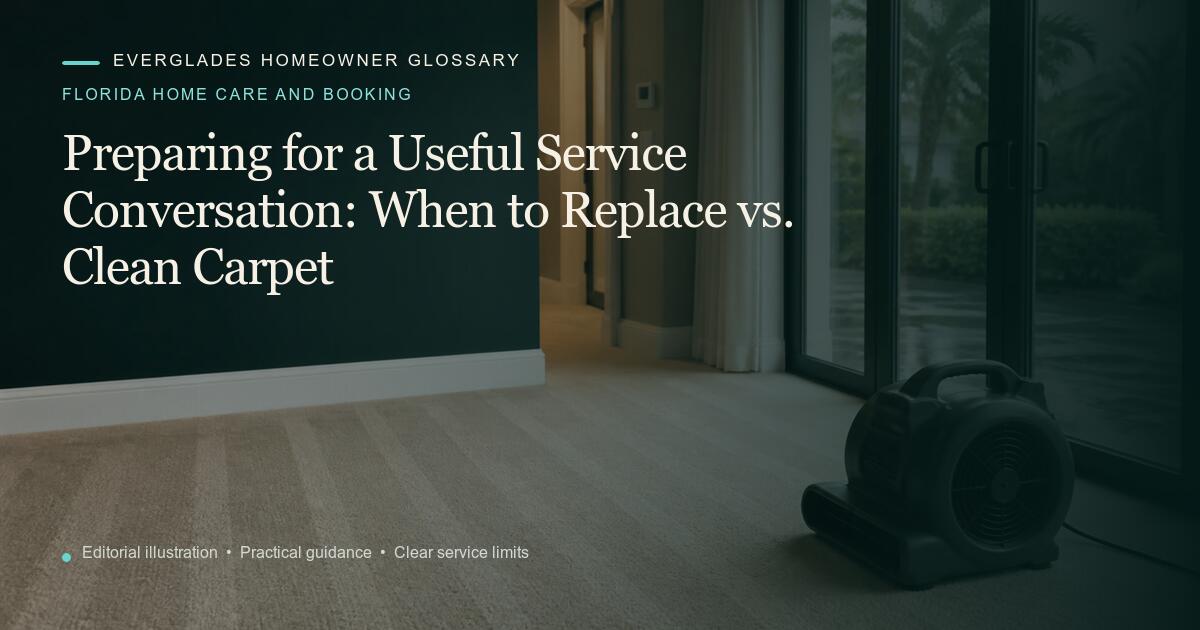 Editorial illustration for When to Replace vs. Clean Carpet, part of the florida home care and booking glossary.