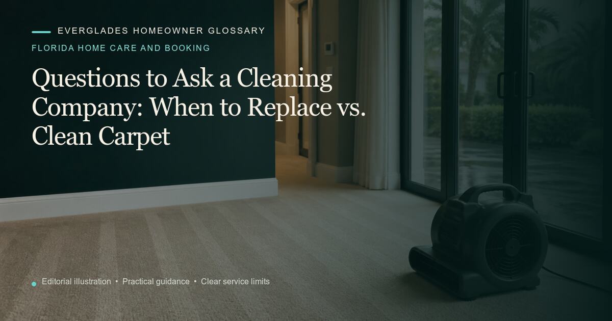 Editorial illustration for When to Replace vs. Clean Carpet, part of the florida home care and booking glossary.