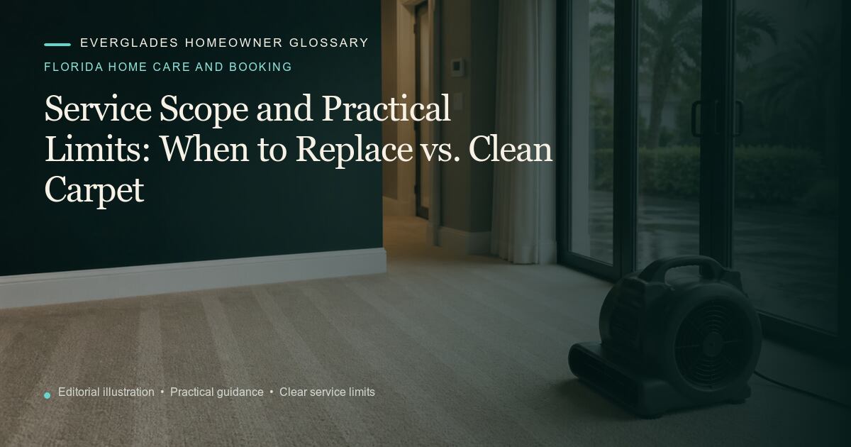 Editorial illustration for When to Replace vs. Clean Carpet, part of the florida home care and booking glossary.