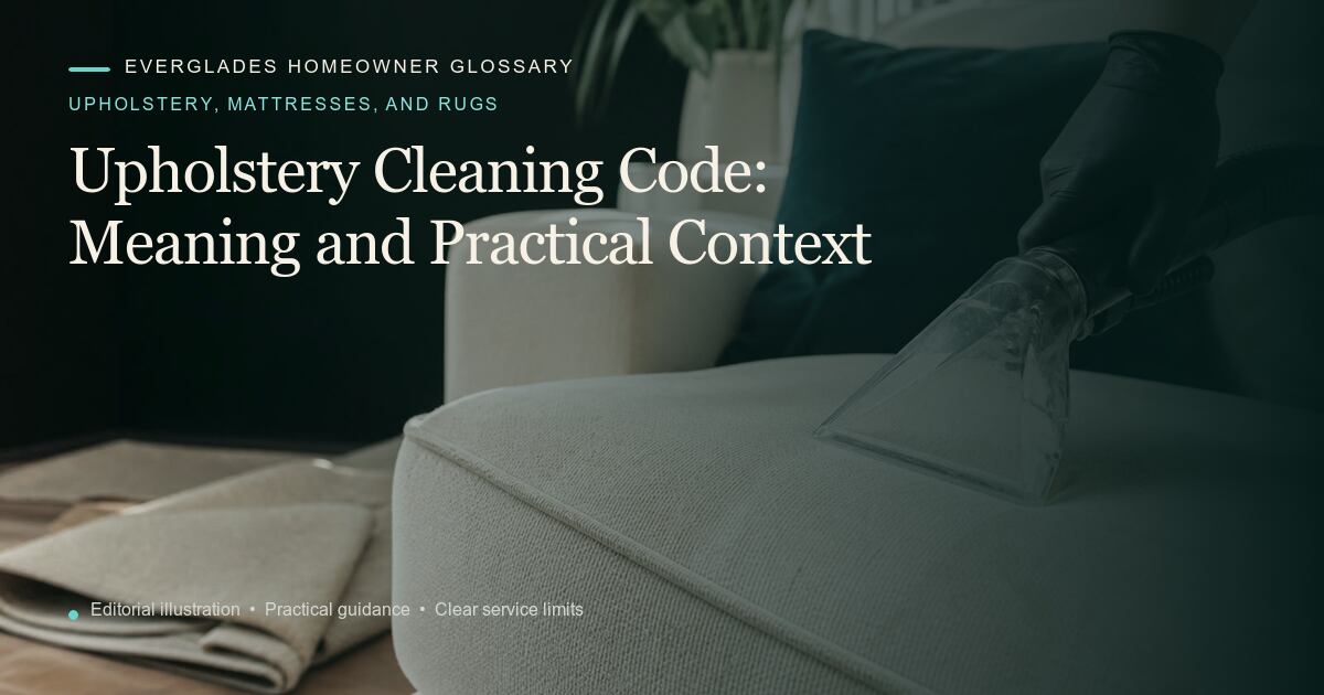 Editorial illustration for Upholstery Cleaning Code, part of the upholstery, mattresses, and rugs glossary.