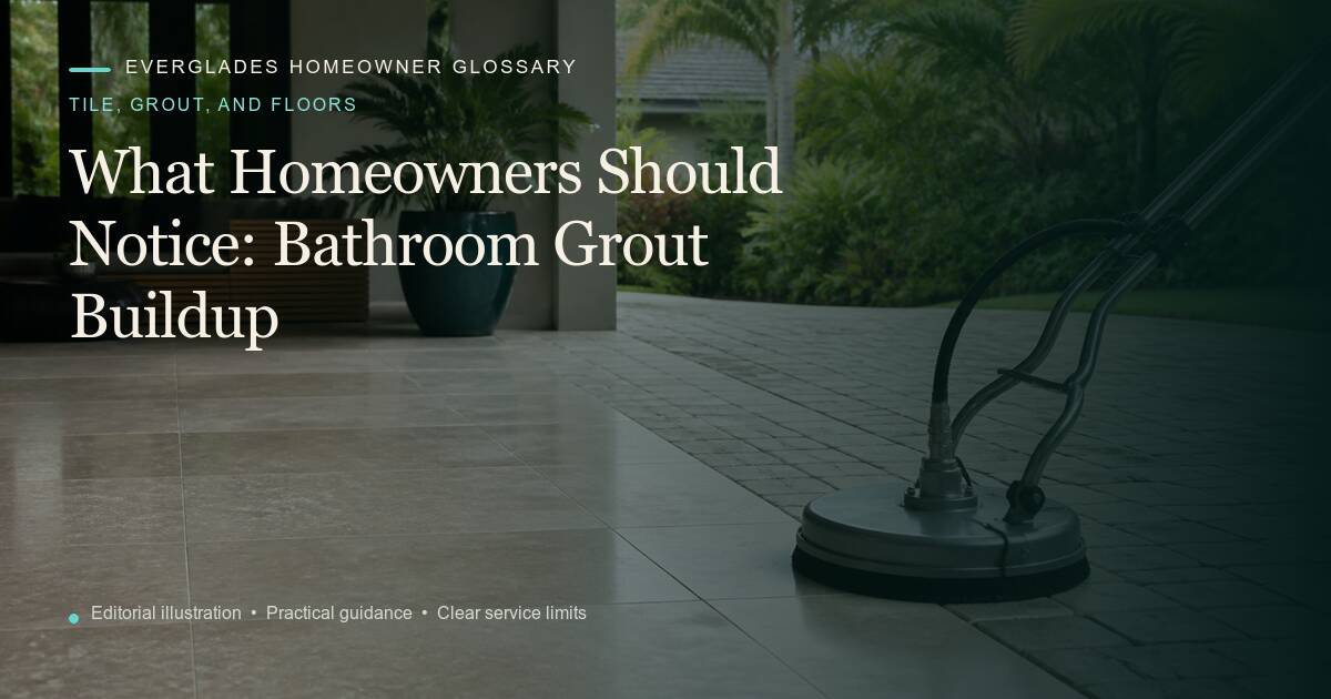 Editorial illustration for Bathroom Grout Buildup, part of the tile, grout, and floors glossary.