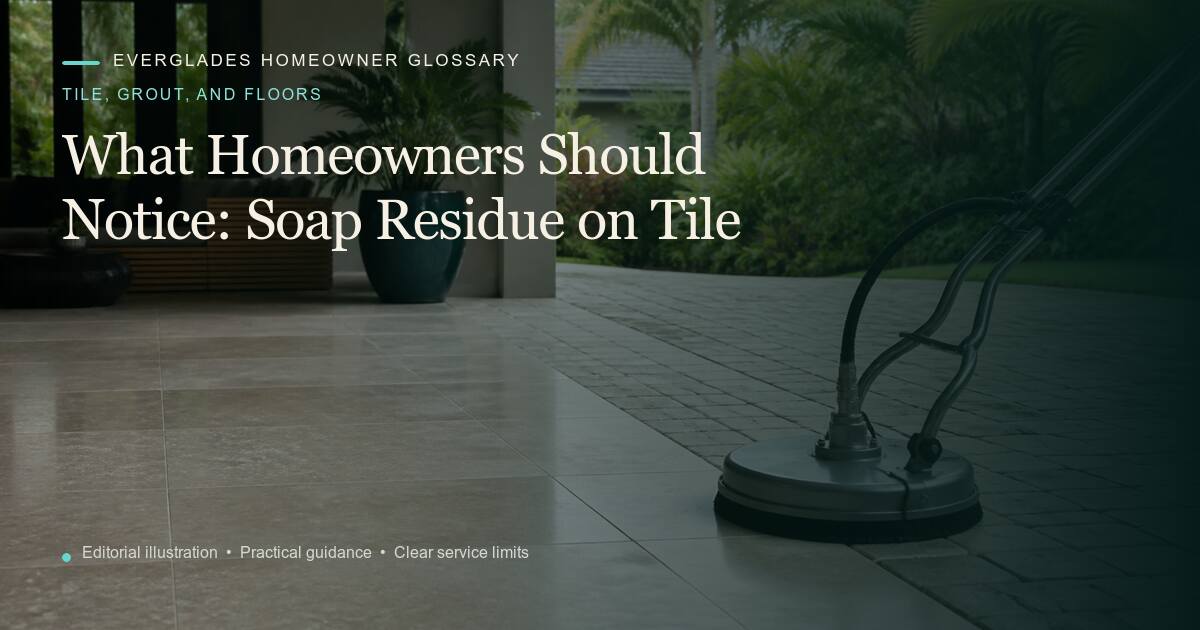Editorial illustration for Soap Residue on Tile, part of the tile, grout, and floors glossary.