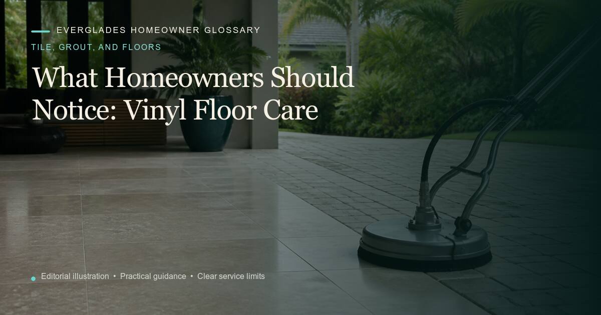 Editorial illustration for Vinyl Floor Care, part of the tile, grout, and floors glossary.