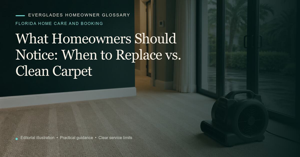 Editorial illustration for When to Replace vs. Clean Carpet, part of the florida home care and booking glossary.