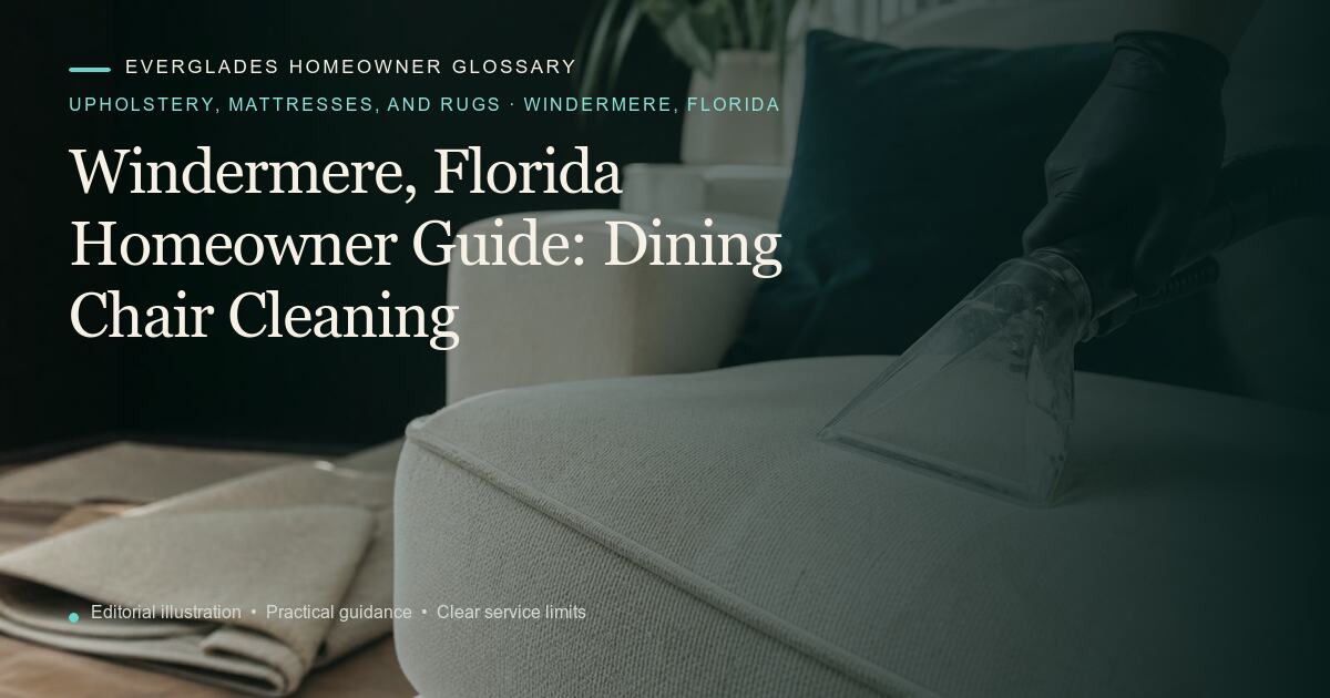 Editorial illustration for Dining Chair Cleaning, part of the upholstery, mattresses, and rugs glossary for homeowners in Windermere, Florida.