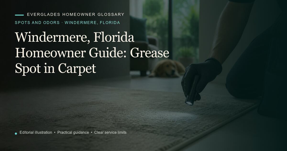 Editorial illustration for Grease Spot in Carpet, part of the spots and odors glossary for homeowners in Windermere, Florida.