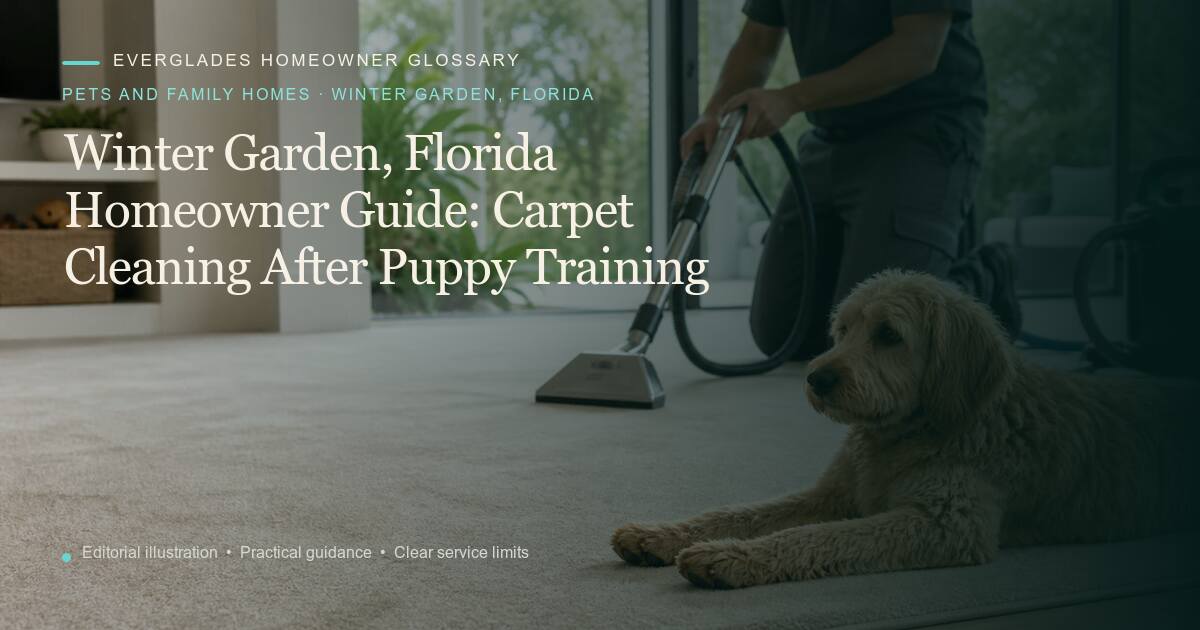 Editorial illustration for Carpet Cleaning After Puppy Training, part of the pets and family homes glossary for homeowners in Winter Garden, Florida.
