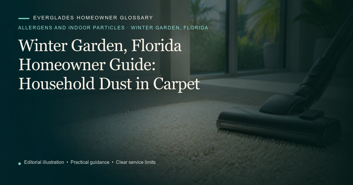 Editorial illustration for Household Dust in Carpet, part of the allergens and indoor particles glossary for homeowners in Winter Garden, Florida.