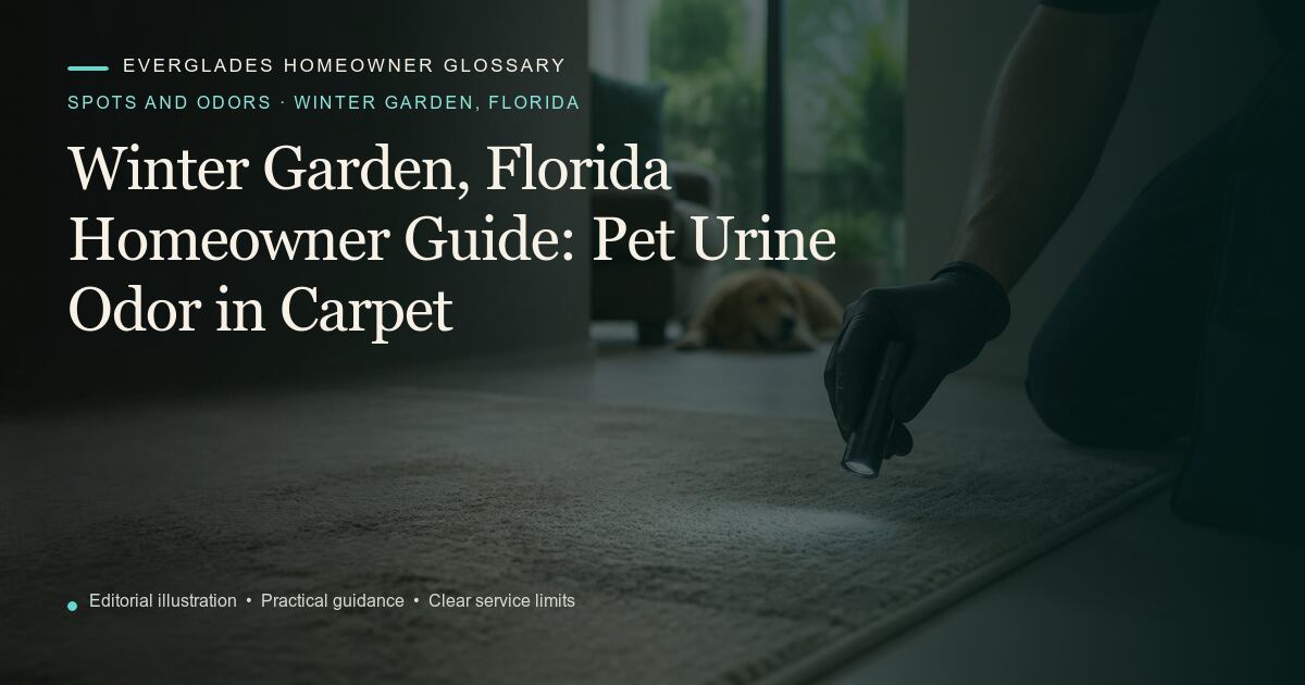 Editorial illustration for Pet Urine Odor in Carpet, part of the spots and odors glossary for homeowners in Winter Garden, Florida.