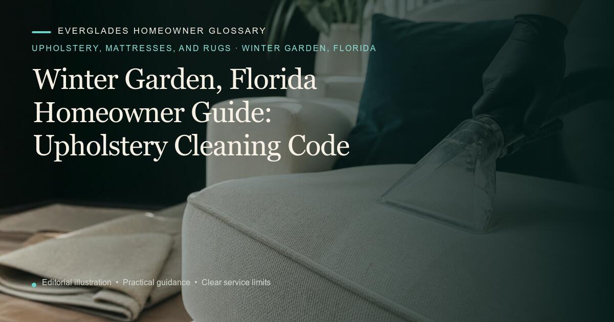 Editorial illustration for Upholstery Cleaning Code, part of the upholstery, mattresses, and rugs glossary for homeowners in Winter Garden, Florida.